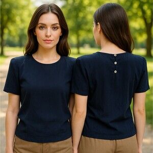 Evan-Picone Blue Silk Round Neck Blouse Shirt Top Sz 8 Button Shoulder Pads Boxy